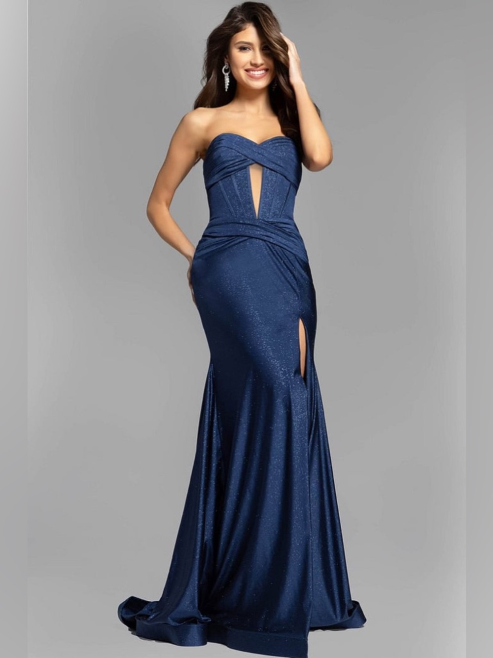 Jovani Navy Blue Shimmer Corset Strapless Mermaid Slit Formal Dress Homecoming
